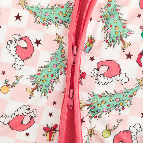 Christmas Pink Plaid Christmas Tree Bamboo Zipper Romper Pajamas