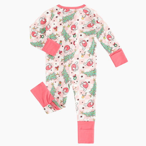 Christmas Pink Plaid Christmas Tree Bamboo Zipper Romper Pajamas