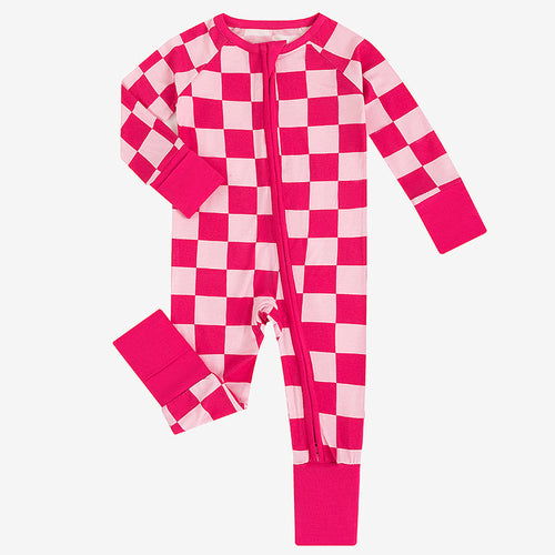 High-end Bamboo Rose Red Checkerboard Zipper Romper Pajamas