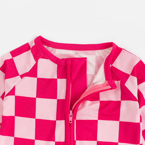 High-end Bamboo Rose Red Checkerboard Zipper Romper Pajamas