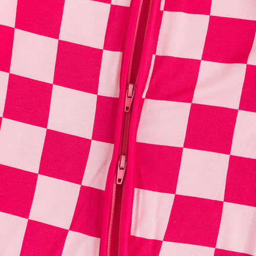 High-end Bamboo Rose Red Checkerboard Zipper Romper Pajamas