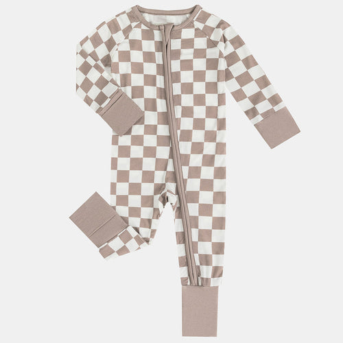 Light Gray Checkerboard Design Bamboo Zipper Romper Pajamas