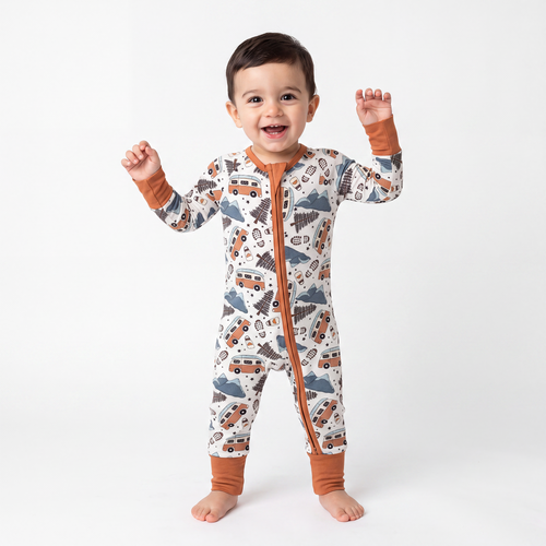 Christmas Retro Camper Van Bamboo Zipper Romper
