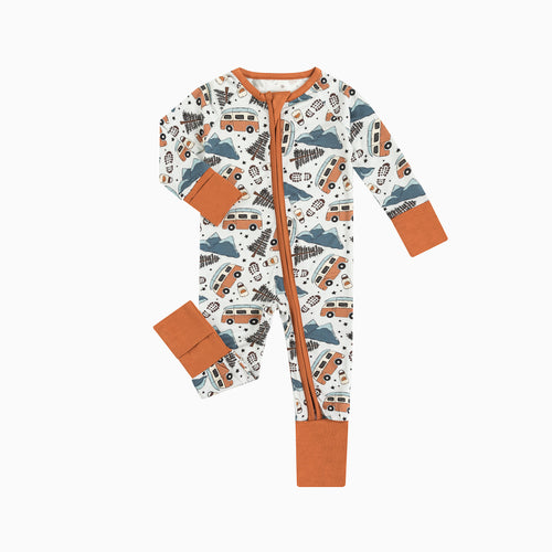 Christmas Retro Camper Van Bamboo Zipper Romper