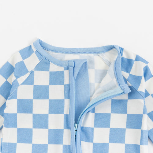 Blue Checkerboard Design Bamboo Zipper Romper Pajamas