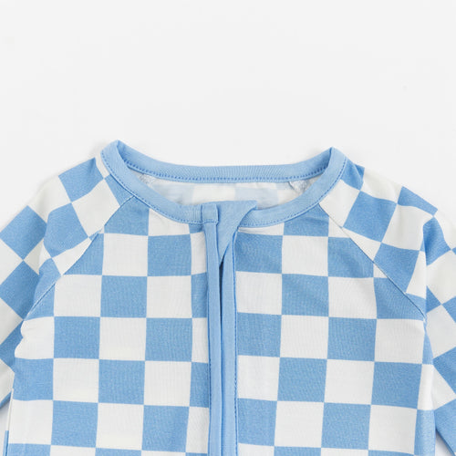 Blue Checkerboard Design Bamboo Zipper Romper Pajamas