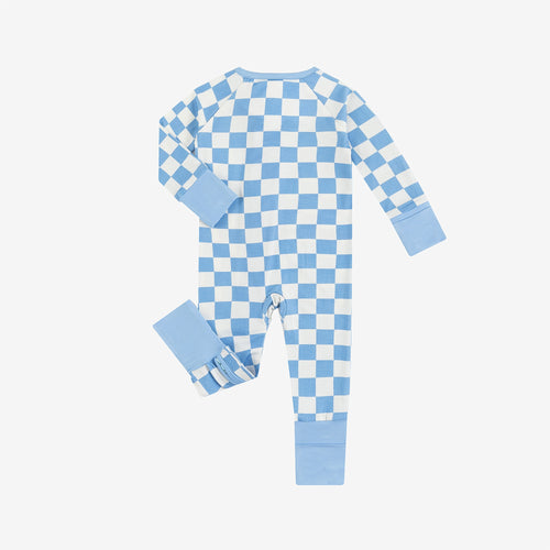 Blue Checkerboard Design Bamboo Zipper Romper Pajamas