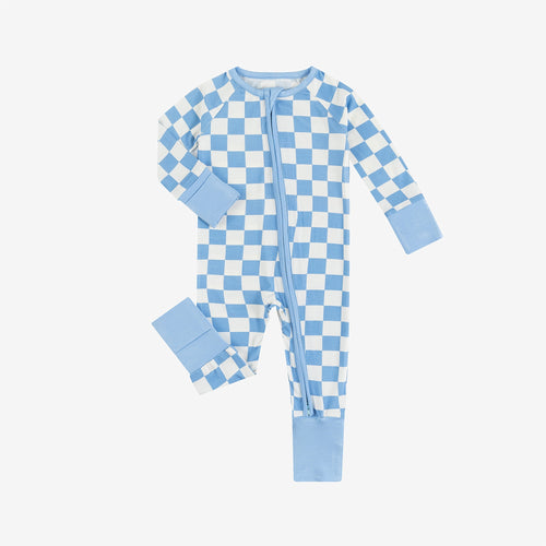 Blue Checkerboard Design Bamboo Zipper Romper Pajamas