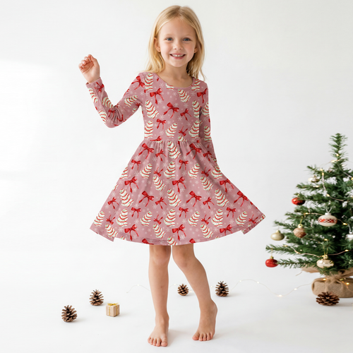 Christmas Pink Tree Cakes and Bows Kid Bamboo Long Sleeve Dress