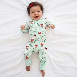 Bamboo Baby Zipper Romper Pajama Christmas Bows and Candy Cane Garden