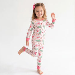 Bamboo Kids Two-Piece Pajama Set Pink Plaid Christmas Tree