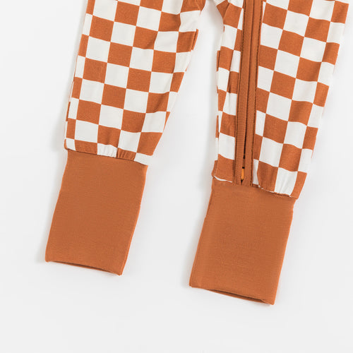 Orange Checkerboard Design Bamboo Zipper Romper Pajamas