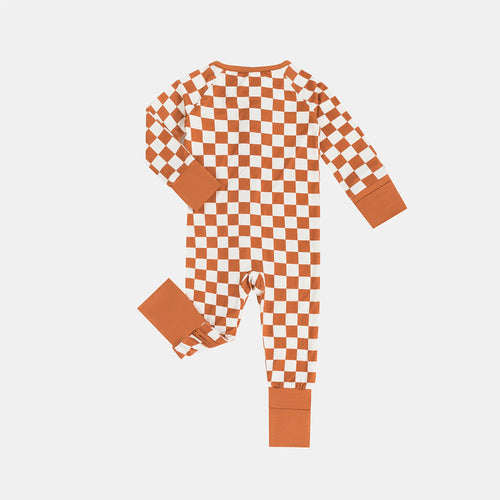 Orange Checkerboard Design Bamboo Zipper Romper Pajamas