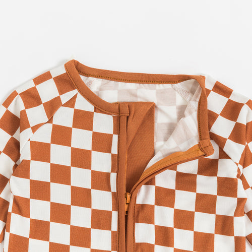Orange Checkerboard Design Bamboo Zipper Romper Pajamas