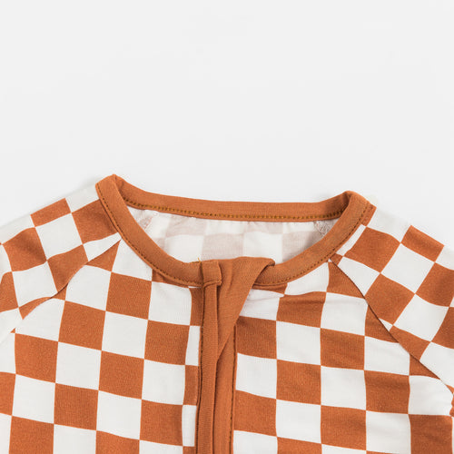 Orange Checkerboard Design Bamboo Zipper Romper Pajamas