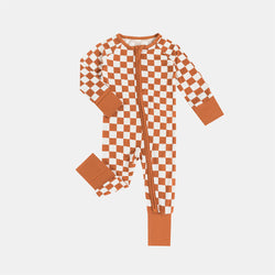 Orange Checkerboard Design Bamboo Zipper Romper Pajamas