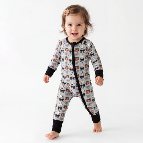Halloween Pumpkin Bow Baby Bamboo Zipper Romper Pajamas