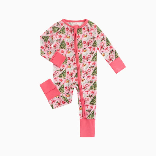 Bamboo Baby Zipper Romper Pajama Santa Claus Christmas Tree Pink