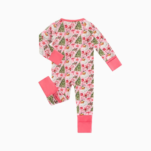 Bamboo Baby Zipper Romper Pajama Santa Claus Christmas Tree Pink