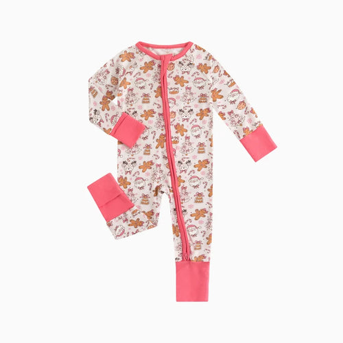 Bamboo Baby Zipper Romper Pajama Christmas Gingerbread Man Pink
