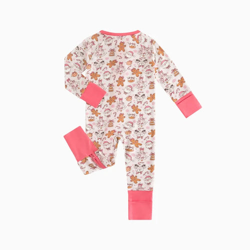 Bamboo Baby Zipper Romper Pajama Christmas Gingerbread Man Pink