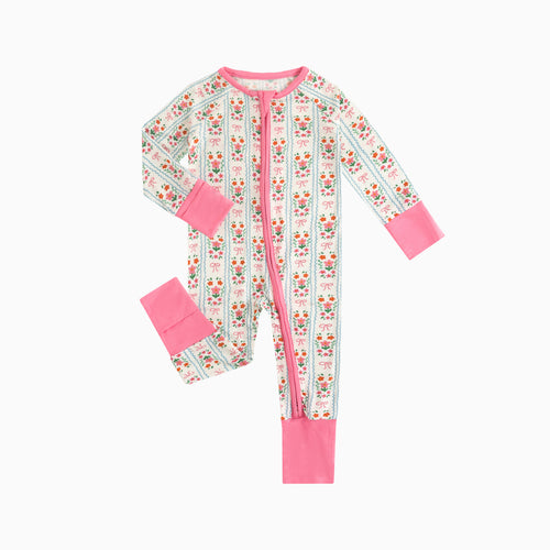Pink Flower Stripes Bamboo Zipper Romper Pajamas