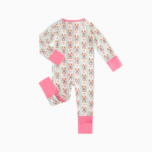 Pink Flower Stripes Bamboo Zipper Romper Pajamas
