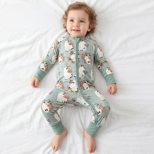 Halloween Green Ghost Flowers Baby Bamboo Zipper Romper Pajamas