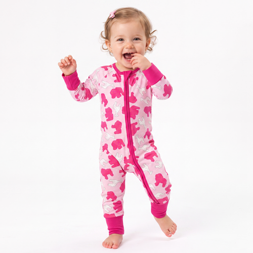 Baby Christmas Pink Teddy Print Bamboo Zip Sleeper