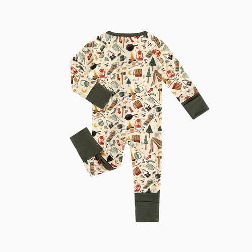 Outdoor Camping Print Bamboo Zipper Romper Pajamas