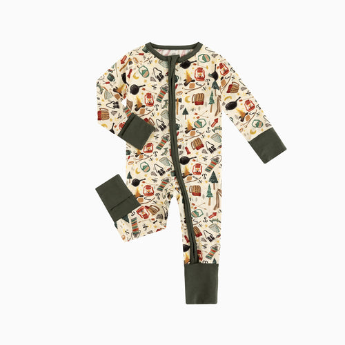 Outdoor Camping Print Bamboo Zipper Romper Pajamas