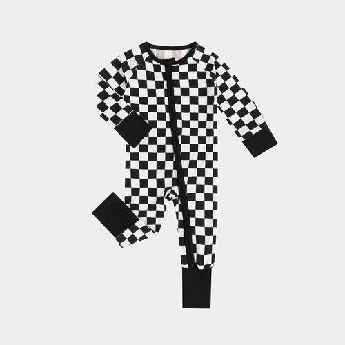 Black and White Checkerboard Design Bamboo Zipper Romper Pajamas