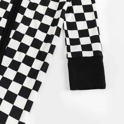 Black and White Checkerboard Design Bamboo Zipper Romper Pajamas