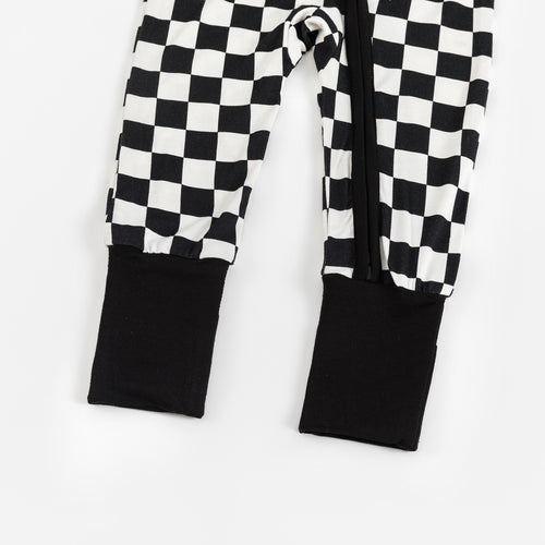 Black and White Checkerboard Design Bamboo Zipper Romper Pajamas