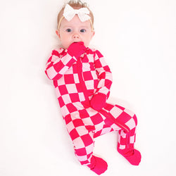High-end Bamboo Rose Red Checkerboard Zipper Romper Pajamas