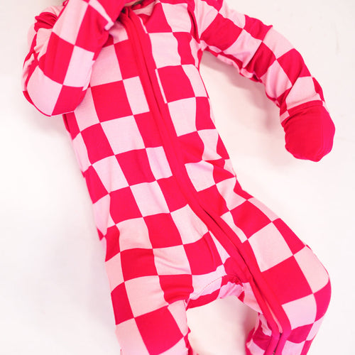 High-end Bamboo Rose Red Checkerboard Zipper Romper Pajamas