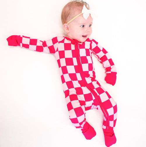 High-end Bamboo Rose Red Checkerboard Zipper Romper Pajamas