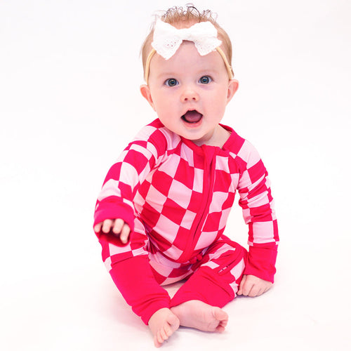 High-end Bamboo Rose Red Checkerboard Zipper Romper Pajamas