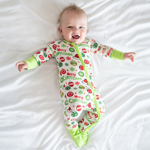 Merry Christmas Snowflake Baby Bamboo Zipper Romper Pajamas