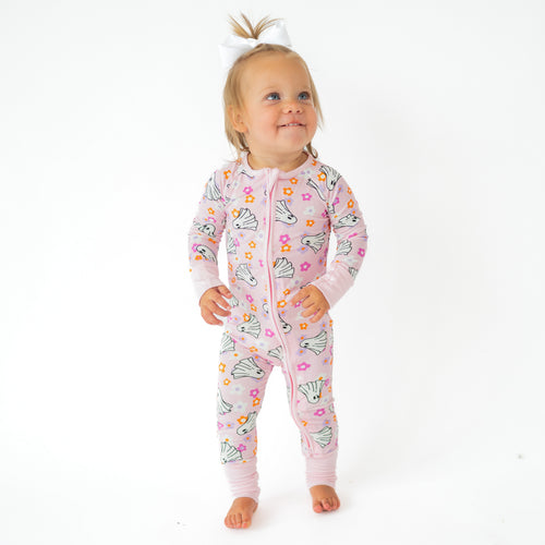 Halloween Pink Ghost Flowers Baby Bamboo Zipper Romper Pajamas