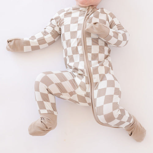 Light Gray Checkerboard Design Bamboo Zipper Romper Pajamas