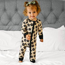 Black Daisy Bamboo Zipper Romper Pajamas